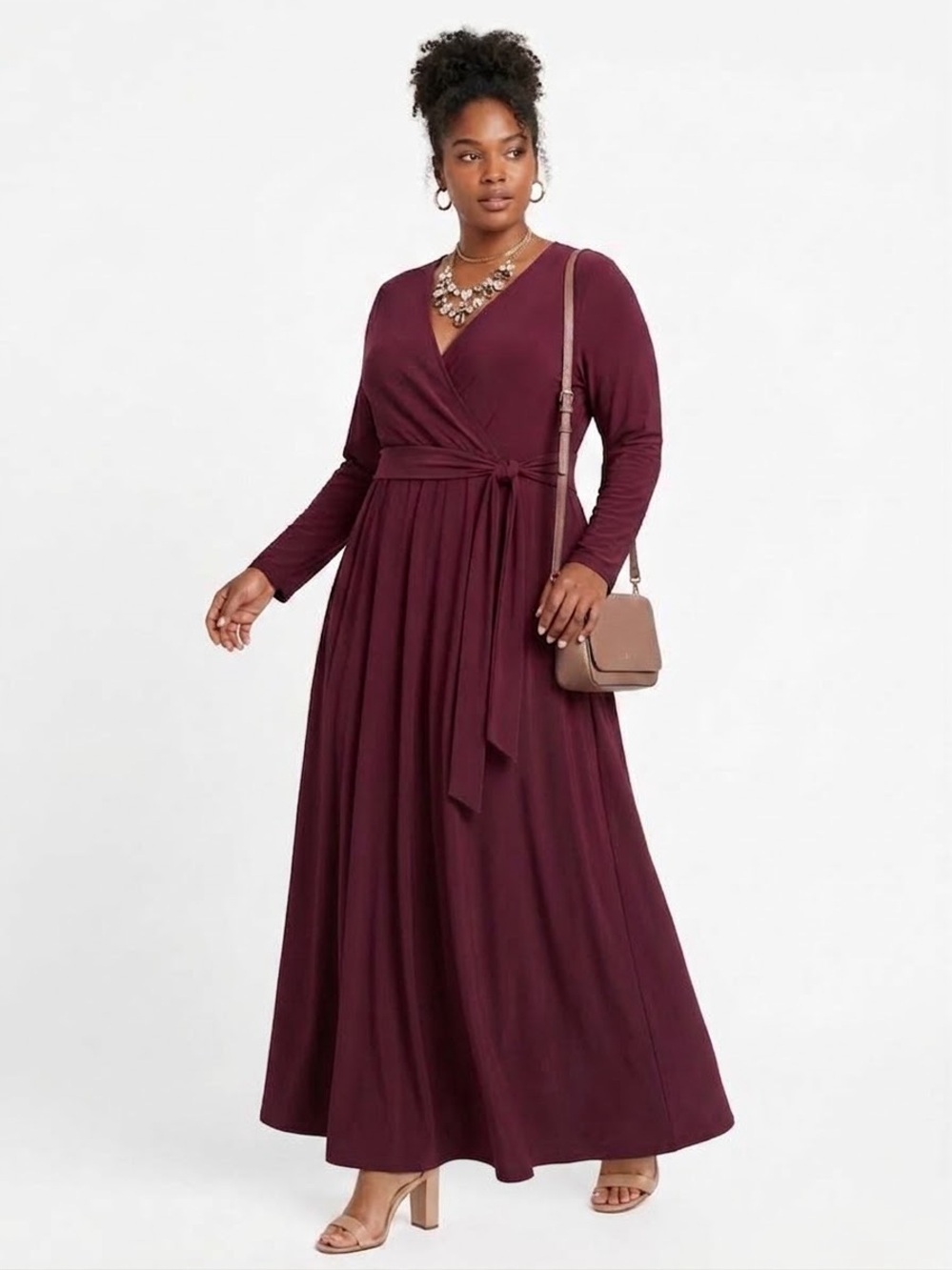 Jennifer Lopez $70 P2P22-25”L60”Burgundy Long Sleeve Faux Wrap Maxi Dress 2X